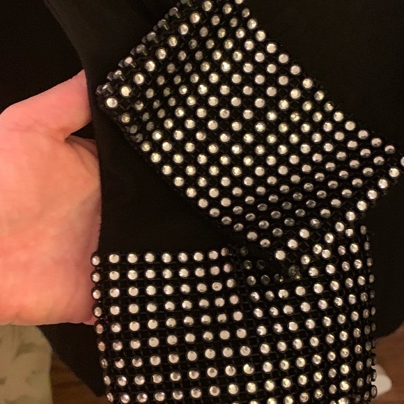 AKIRA OPEN BACK BLACK DRESS WITH RHINESTONE EMBELLISHED SLEEVES AND BACK. - Picture 6 of 7